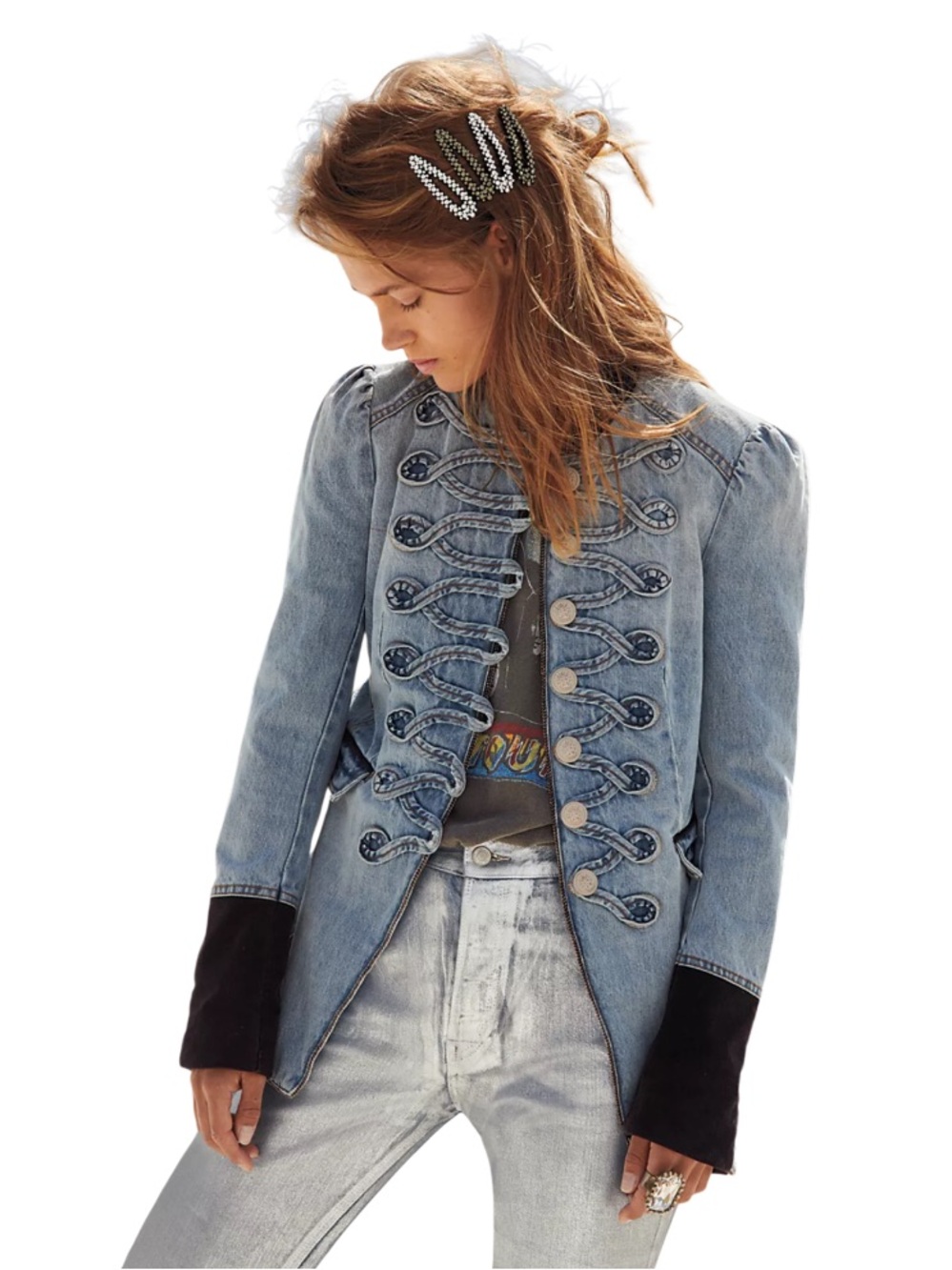 Free People Denim Seamed and Structured Band Military Jacket
